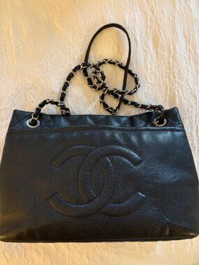 Chanel Black Lychee Leather Tote Bag with Chain Strap